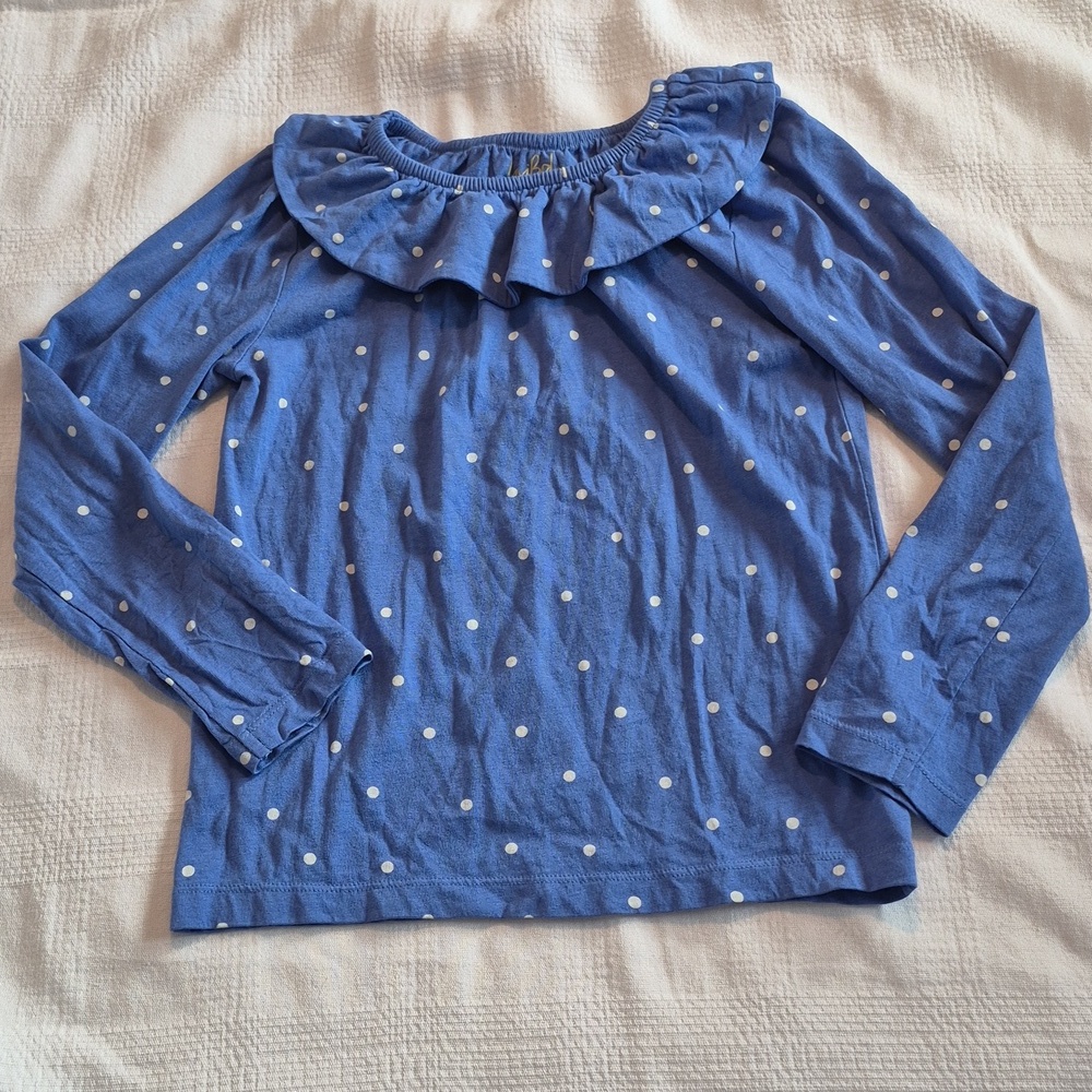 Mini Boden girls size 8-9 years medium blue with white polks dots shirt, VGUC